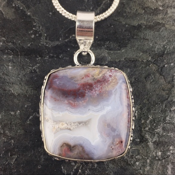 New Crazy Lace Agate Stone Silver Pendant Necklace - Picture 1 of 9
